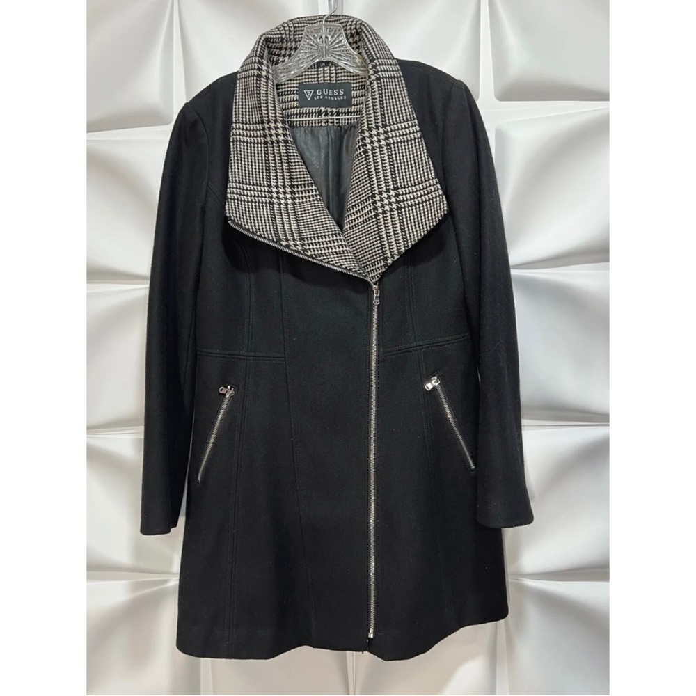 Guess Womens Sz L Black Wool Full Zip Up Plaid Collar Long Tunic Moto Coat
